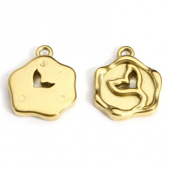 Picture of 1 Piece Vacuum Plating 304 Stainless Steel Stylish Charms Gold Plated Hexagon Fishtail Hollow 17mm x 14mm
