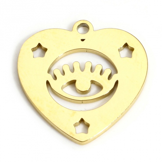 Picture of 1 Piece Vacuum Plating 304 Stainless Steel Stylish Charms Gold Plated Heart Eye Hollow 17mm x 16mm