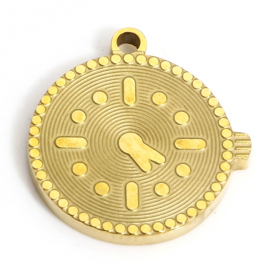 Picture of 1 Piece Eco-friendly PVD Vacuum Plating 304 Stainless Steel Geometric Charms 18K Real Gold Plated Coin Clock 16mm x 15mm