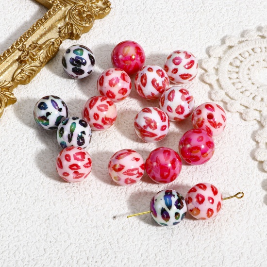 Picture of 10 PCs Acrylic Valentine's Day Beads For DIY Charm Jewelry Making Pink At Random Mixed Color Round Leopard Print AB Color About 16mm Dia., Hole: Approx 2.6mm