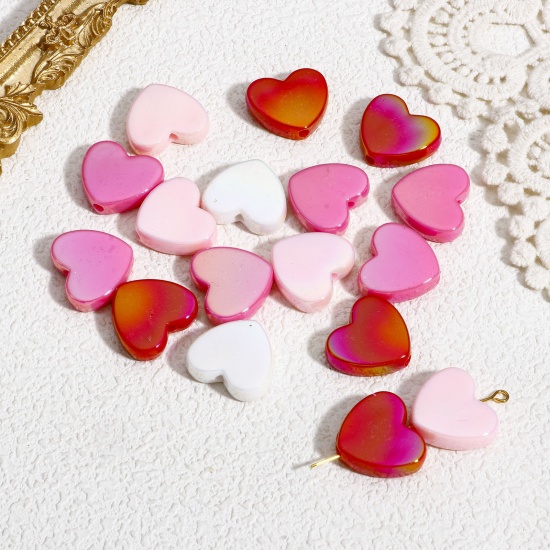 Picture of 10 PCs Acrylic Valentine's Day Beads For DIY Charm Jewelry Making Pink At Random Mixed Color Heart AB Color About 21mm x 18.5mm, Hole: Approx 2.4mm