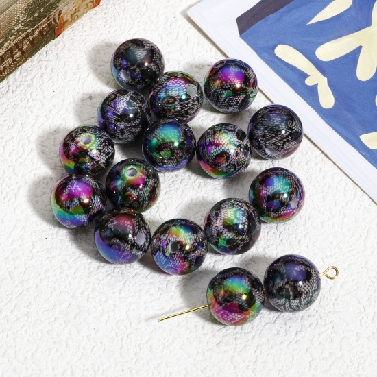 Picture of 10 PCs Acrylic Beads For DIY Charm Jewelry Making Black AB Rainbow Color Round Lace About 16mm Dia., Hole: Approx 2.6mm