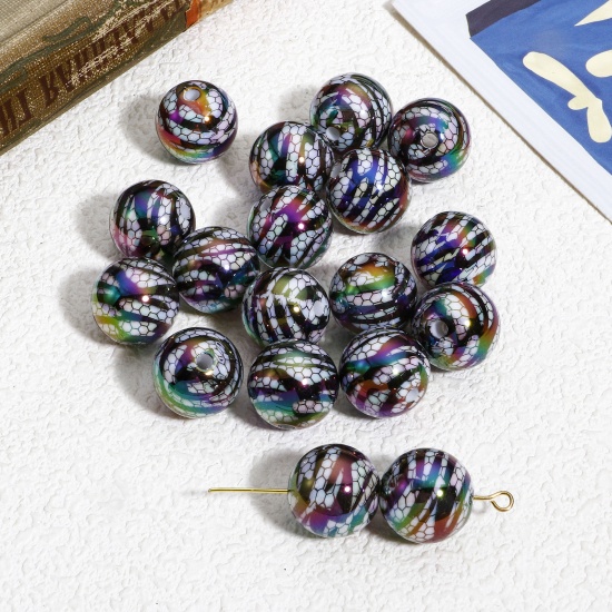Picture of 10 PCs Acrylic Beads For DIY Charm Jewelry Making Black AB Rainbow Color Round Zebra Stripe About 16mm Dia., Hole: Approx 2.6mm