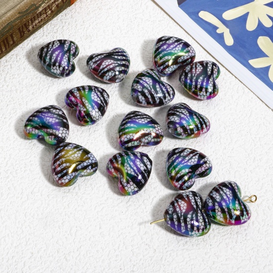 Picture of 10 PCs Acrylic Beads For DIY Charm Jewelry Making Black AB Rainbow Color Heart Zebra Stripe About 22mm x 19.5mm, Hole: Approx 2.6mm