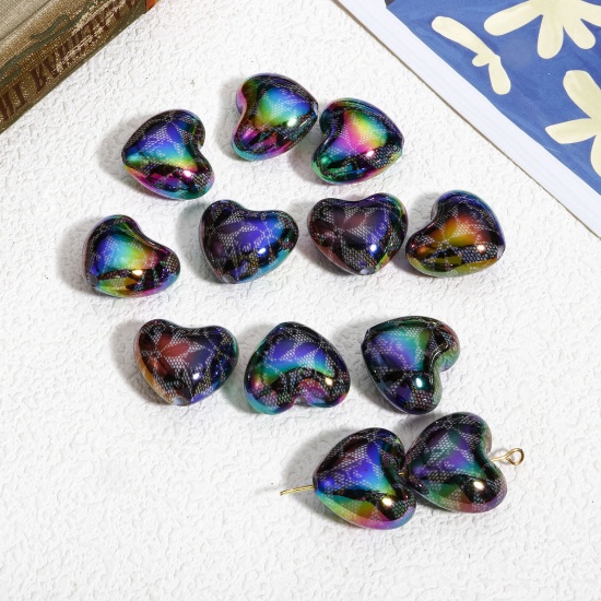 Picture of 10 PCs Acrylic Beads For DIY Charm Jewelry Making Black AB Rainbow Color Heart Lace About 22mm x 19.5mm, Hole: Approx 2.6mm