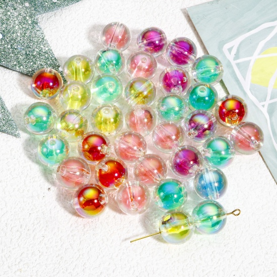 Picture of 20 PCs Acrylic Beads For DIY Charm Jewelry Making At Random Mixed Color AB Rainbow Color Round Beads in Bead About 16mm Dia., Hole: Approx 2.6mm