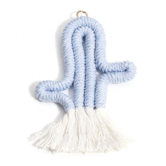 Picture of 1 Piece Cotton Tassel Pendants Bag Keychain Earring DIY Accessories Cactus Light Blue Tassel 7.8cm x 5.2cm