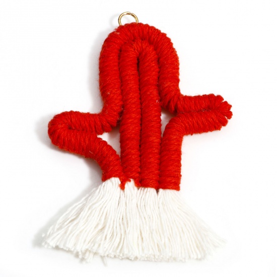 Picture of 1 Piece Cotton Tassel Pendants Bag Keychain Earring DIY Accessories Cactus Red Tassel 7.8cm x 5.2cm