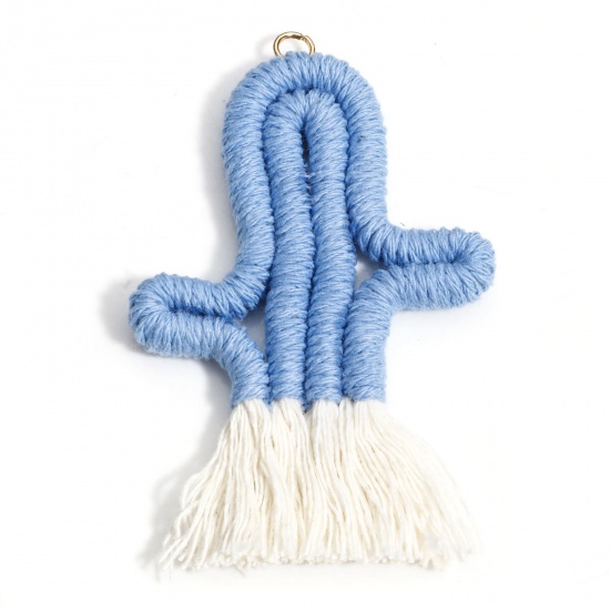 Picture of 1 Piece Cotton Tassel Pendants Bag Keychain Earring DIY Accessories Cactus Blue Tassel 7.8cm x 5.2cm