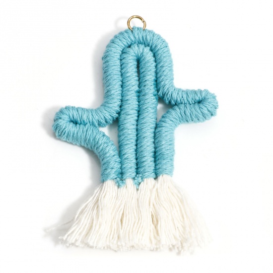 Picture of 1 Piece Cotton Tassel Pendants Bag Keychain Earring DIY Accessories Cactus Green Blue Tassel 7.8cm x 5.2cm