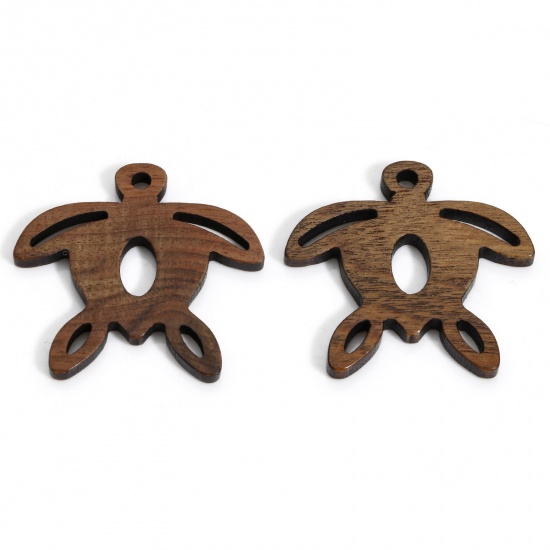 Picture of 5 PCs Walnut Ocean Jewelry Charms Brown Sea Turtle Animal Round Hollow 28mm x 27mm