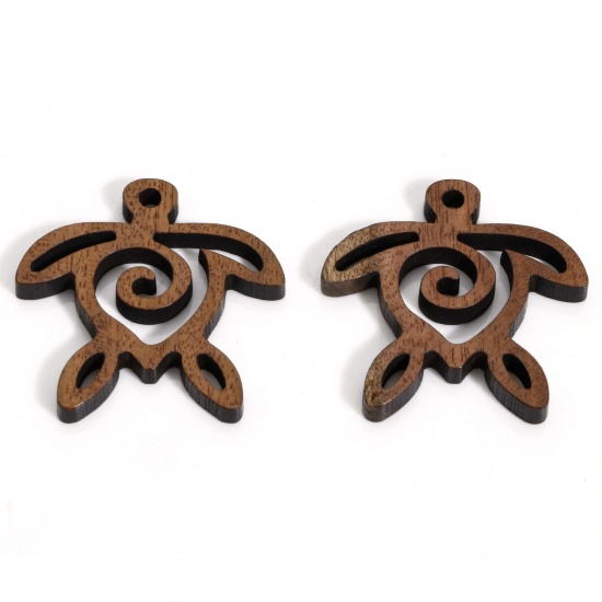 Picture of 5 PCs Walnut Ocean Jewelry Charms Brown Sea Turtle Animal Spiral Hollow 28mm x 27mm
