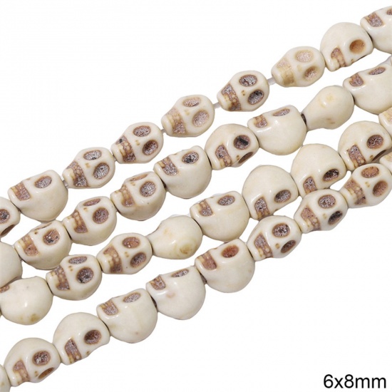 Picture of 1 Packet (Approx 60 PCs/Packet) Howlite ( Synthetic ) Beads For DIY Charm Jewelry Making Skull White About 6mm x 8mm