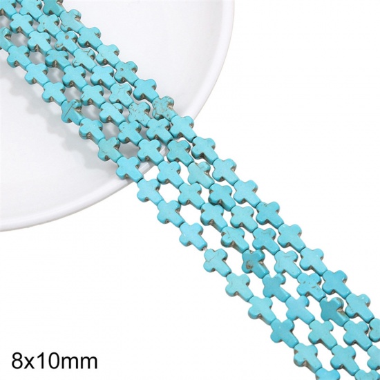 Picture of 1 Packet (Approx 38 PCs/Packet) Turquoise ( Synthetic ) Beads For DIY Charm Jewelry Making Cross Green About 8mm x 10mm, Hole: Approx 1mm