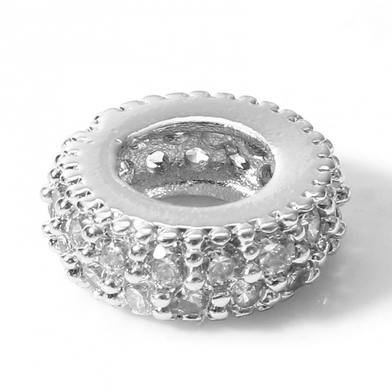 Picture of 2 PCs Brass Geometric European Style Large Hole Charm Beads Real Platinum Plated Wheel Micro Pave Clear Rhinestone About 10mm x 10mm, Hole: Approx 4.5mm                                                                                                      