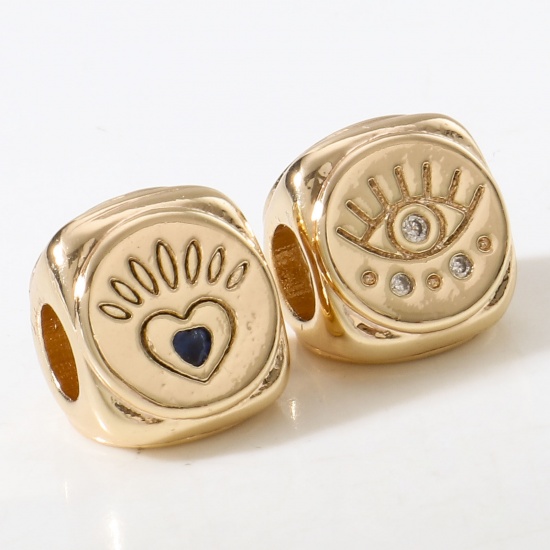 Picture of 2 PCs Brass Religious European Style Large Hole Charm Beads 18K Real Gold Plated Triangular Body Ex Voto Heart Micro Pave Clear Rhinestone About 12mm x 10.5mm, Hole: Approx 4.5mm                                                                            