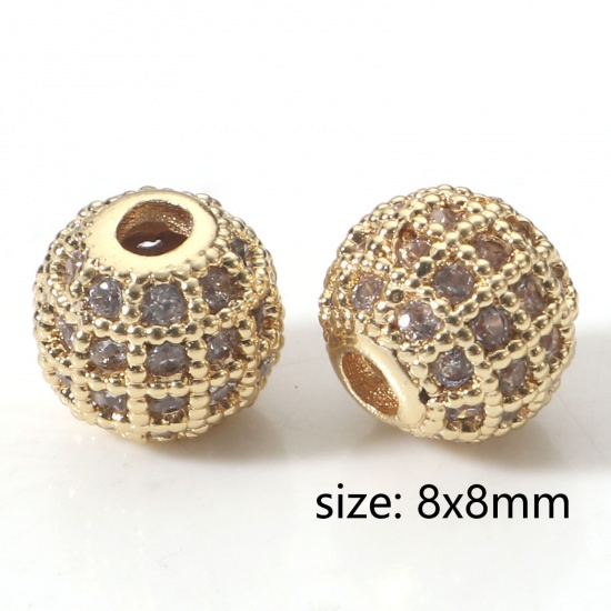 Picture of 5 PCs Brass Geometric Beads For DIY Charm Jewelry Making 18K Real Gold Plated Ball Stripe Micro Pave Clear Rhinestone About 8mm Dia., Hole: Approx 2mm                                                                                                        