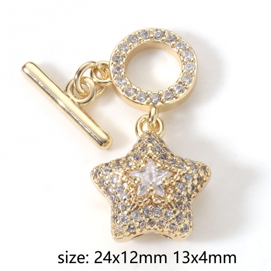 Picture of 1 Set Brass Toggle Clasps Pentagram Star 18K Real Gold Plated Clear Rhinestone 24x12mm 13x4mm                                                                                                                                                                 