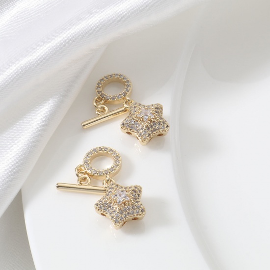 Picture of 1 Set Brass Toggle Clasps Pentagram Star 18K Real Gold Plated Clear Rhinestone 24x12mm 13x4mm                                                                                                                                                                 