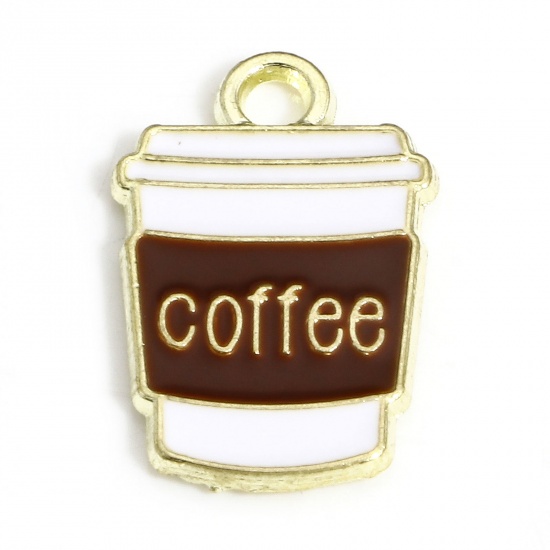 Picture of 10 PCs Zinc Based Alloy Charms Light Golden Coffee Cup Message " COFFEE " Enamel 18mm x 11mm
