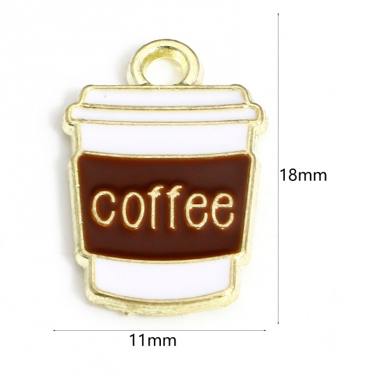 Picture of 10 PCs Zinc Based Alloy Charms Light Golden Coffee Cup Message " COFFEE " Enamel 18mm x 11mm