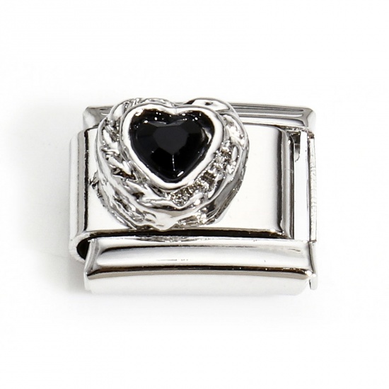Picture of 1 Piece 304 Stainless Steel Italian Charm Links For DIY Bracelet Jewelry Making Silver Tone Rectangle Heart Black Rhinestone 10mm x 9mm