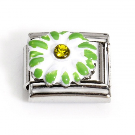 Picture of 1 Piece 304 Stainless Steel Italian Charm Links For DIY Bracelet Jewelry Making Silver Tone Green Rectangle Carved Pattern Yellow Rhinestone 10mm x 9mm