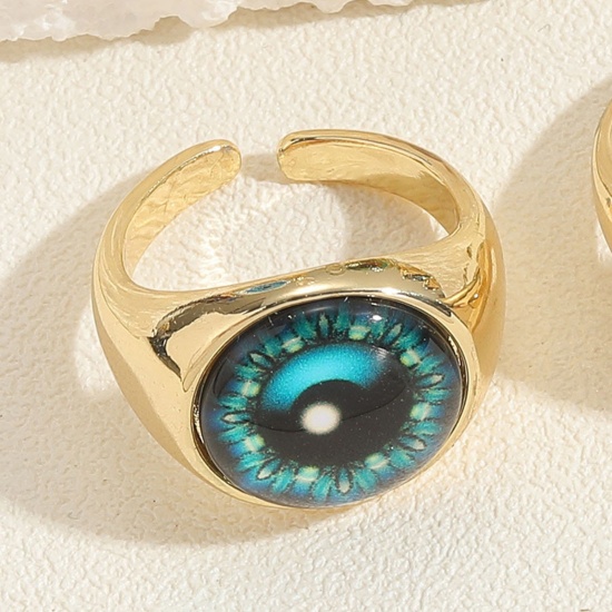Picture of 1 Piece Brass Religious Open Adjustable Rings Round Eye Gold Plated Blue Black With Resin Cabochons 20mm(US Size 10.25)                                                                                                                                       