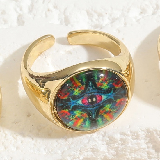 Picture of 1 Piece Brass Religious Open Adjustable Rings Round Eye Gold Plated Multicolor With Resin Cabochons 20mm(US Size 10.25)                                                                                                                                       