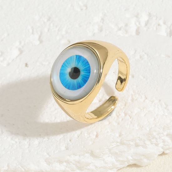 Picture of 1 Piece Brass Religious Open Adjustable Rings Round Evil Eye Gold Plated Blue With Resin Cabochons 20mm(US Size 10.25)                                                                                                                                        