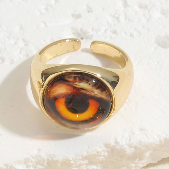 Picture of 1 Piece Brass Religious Open Adjustable Rings Round Evil Eye Gold Plated Brown With Resin Cabochons 20mm(US Size 10.25)                                                                                                                                       