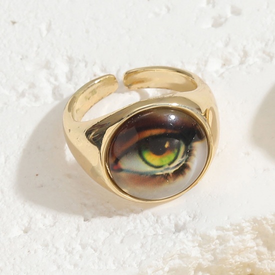 Picture of 1 Piece Brass Religious Open Adjustable Rings Round Evil Eye Gold Plated Coffee With Resin Cabochons 20mm(US Size 10.25)                                                                                                                                      