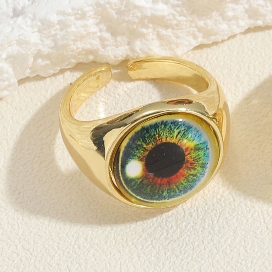 Picture of 1 Piece Brass Religious Open Adjustable Rings Round Eye Gold Plated Multicolor With Resin Cabochons 20mm(US Size 10.25)                                                                                                                                       