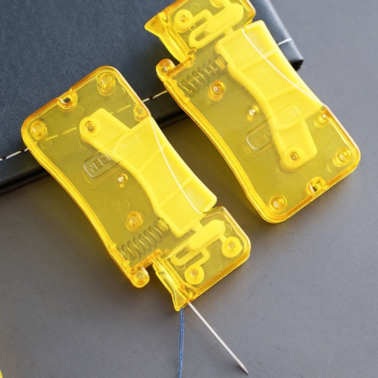 Picture of 1 Piece Plastic Automatic Needle Threader Insertion Tool DIY Home Hand Machine Sewing Thread Device Yellow 7.2cm x 3.5cm