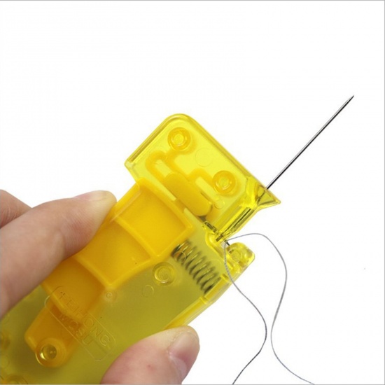 Picture of 1 Piece Plastic Automatic Needle Threader Insertion Tool DIY Home Hand Machine Sewing Thread Device Yellow 7.2cm x 3.5cm