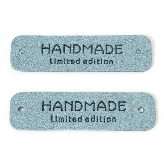 Immagine di 20 Pz PU Etichetta Etichetta per Abbigliamento Rettangolo Verde Blu " Hand Made " 5.5cm x 1.5cm