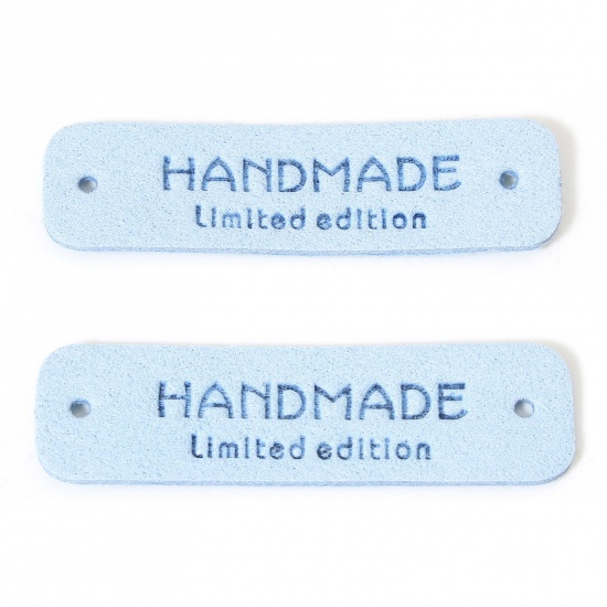 Immagine di 20 Pz PU Etichetta Etichetta per Abbigliamento Rettangolo Blu Chiaro " Hand Made " 5.5cm x 1.5cm