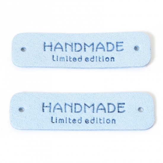 Bild von 20 Stück PU Label-Tag für Kleidung Rechteck Hellblau " Hand Made " 5.5cm x 1.5cm