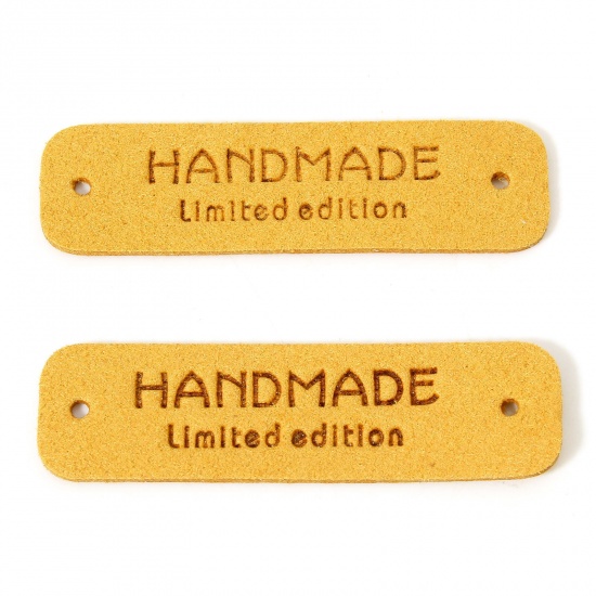 Immagine di 20 Pz PU Etichetta Etichetta per Abbigliamento Rettangolo Giallo " Hand Made " 5.5cm x 1.5cm