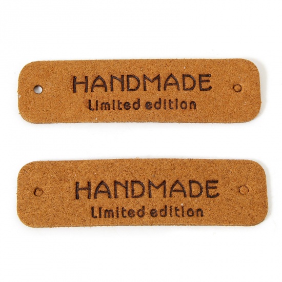 Immagine di 20 Pz PU Etichetta Etichetta per Abbigliamento Rettangolo Marrone " Hand Made " 5.5cm x 1.5cm