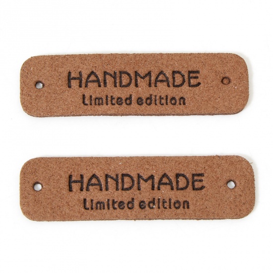 Bild von 20 Stück PU Label-Tag für Kleidung Rechteck Kaffeebraun " Hand Made " 5.5cm x 1.5cm