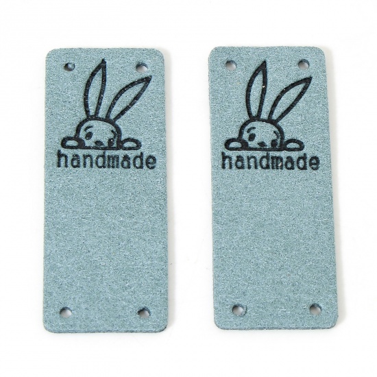 Picture of 10 PCs PU Easter Day Label Tag For Clothing Rectangle Green Blue Rabbit Pattern " Hand Made " 5cm x 2cm