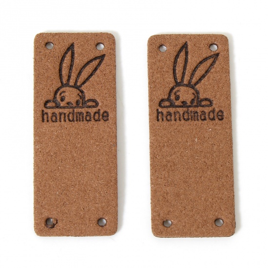 Picture of 10 PCs PU Easter Day Label Tag For Clothing Rectangle Coffee Rabbit Pattern " Hand Made " 5cm x 2cm