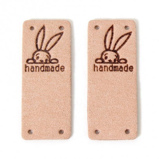 Picture of 10 PCs PU Easter Day Label Tag For Clothing Rectangle Peachy Beige Rabbit Pattern " Hand Made " 5cm x 2cm