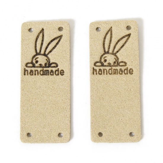 Picture of 10 PCs PU Easter Day Label Tag For Clothing Rectangle Khaki Rabbit Pattern " Hand Made " 5cm x 2cm