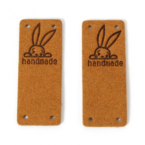 Picture of 10 PCs PU Easter Day Label Tag For Clothing Rectangle Brown Rabbit Pattern " Hand Made " 5cm x 2cm