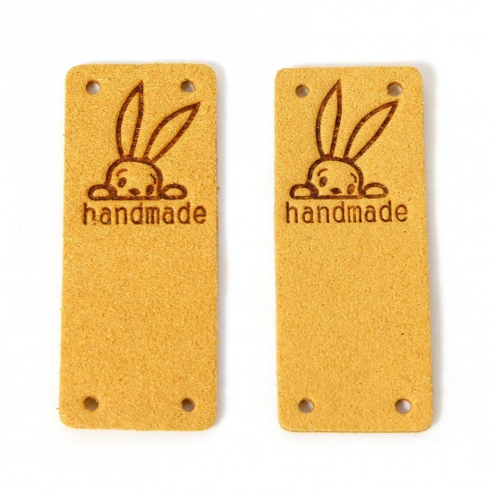 Picture of 10 PCs PU Easter Day Label Tag For Clothing Rectangle Yellow Rabbit Pattern " Hand Made " 5cm x 2cm