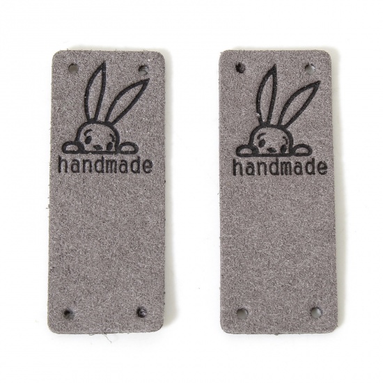 Picture of 10 PCs PU Easter Day Label Tag For Clothing Rectangle Gray Rabbit Pattern " Hand Made " 5cm x 2cm