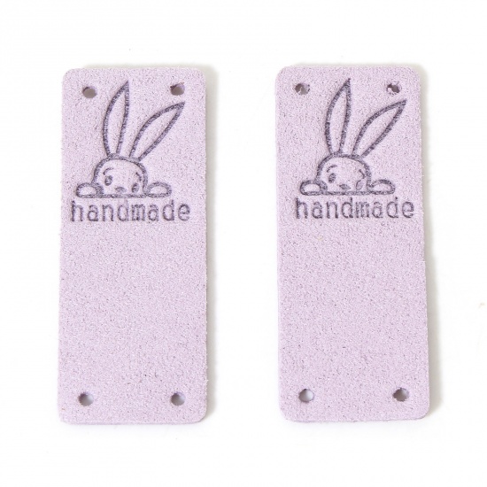 Picture of 10 PCs PU Easter Day Label Tag For Clothing Rectangle Mauve Rabbit Pattern " Hand Made " 5cm x 2cm