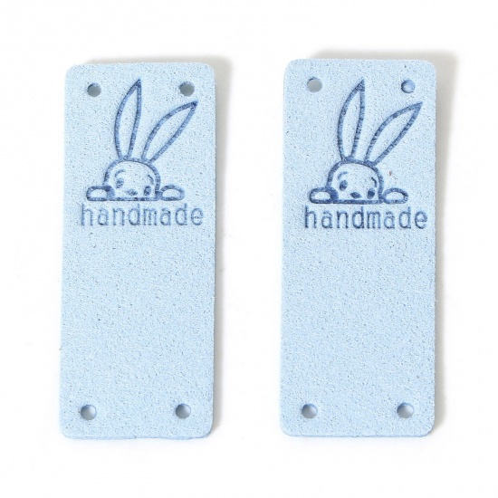 Picture of 10 PCs PU Easter Day Label Tag For Clothing Rectangle Light Blue Rabbit Pattern " Hand Made " 5cm x 2cm